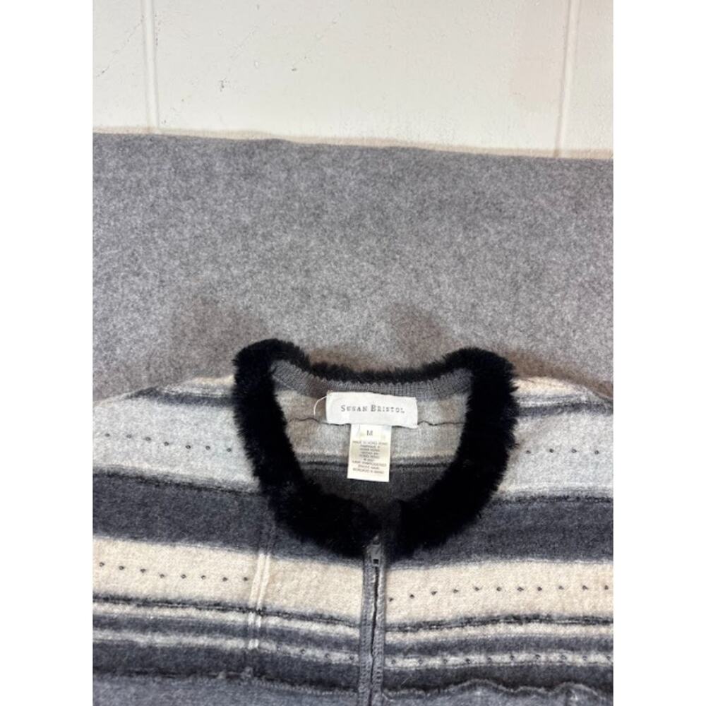 VTG Susan Bristol Hand Embroidered Wool Cardigan Womens M Striped Neutral Cozy - Picture 5 of 9